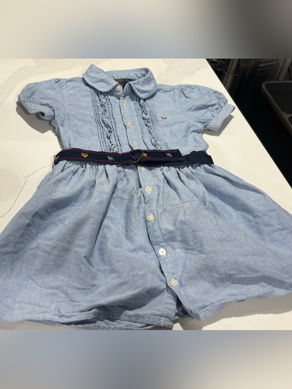 Polo by Ralph Lauren Light Blue Girls' Button-Front Shirt Dress with Navy Belt
